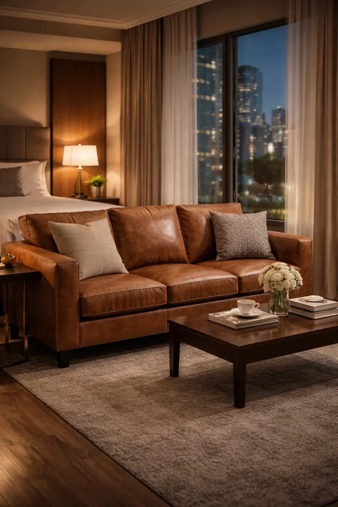 Leather sofa in modern hotel room interior in Charlotte NC