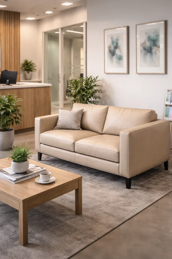 Beige leather sofa in medical waiting area in Charlotte NC