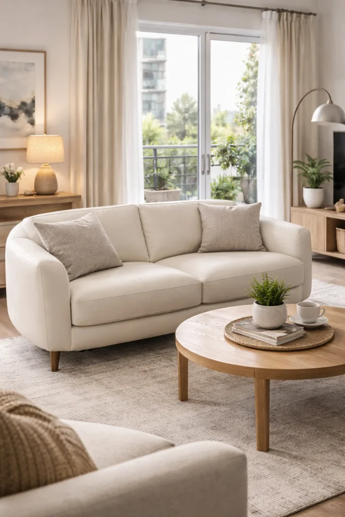 White curved leather sofa in rental apartment living room in Charlotte NC