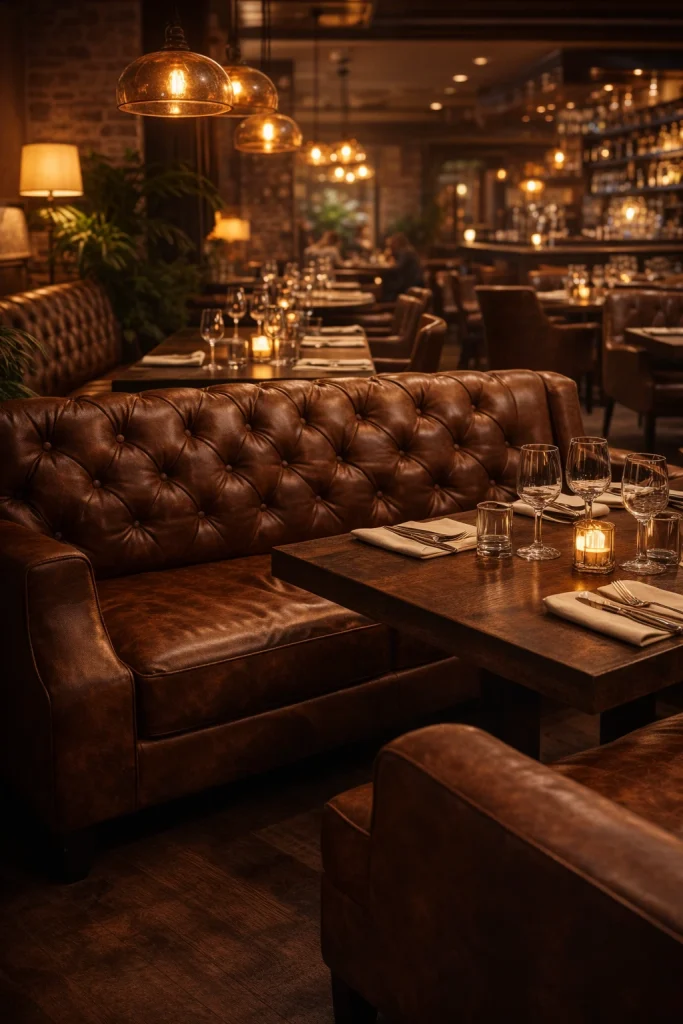 Leather sofa seating in restaurant interior in Charlotte NC