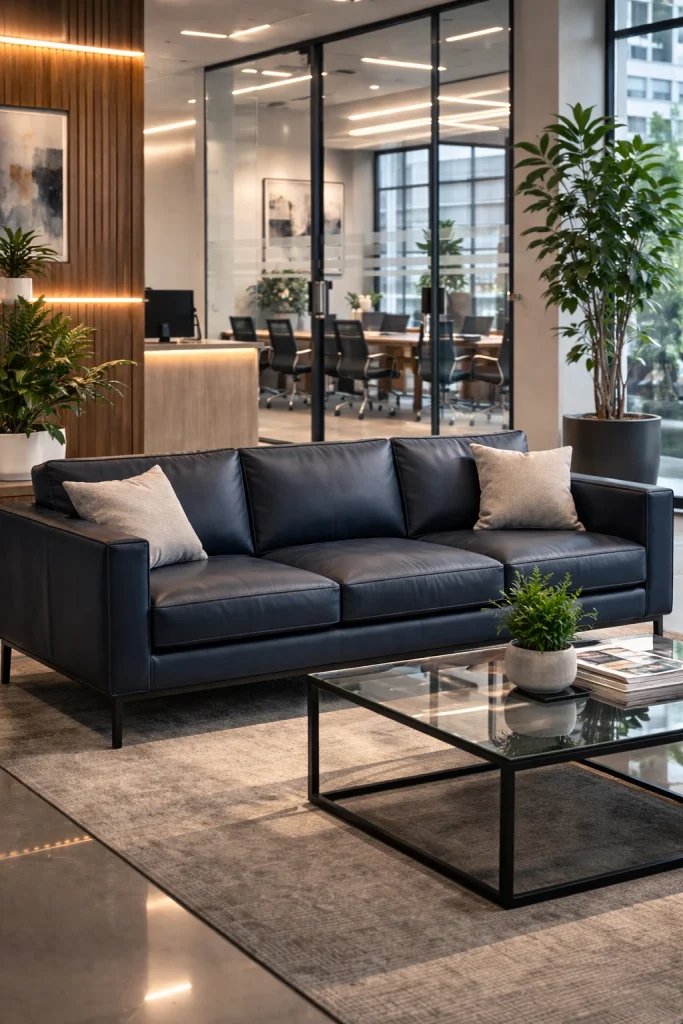 Dark blue leather sofa in modern office lounge in Charlotte NC