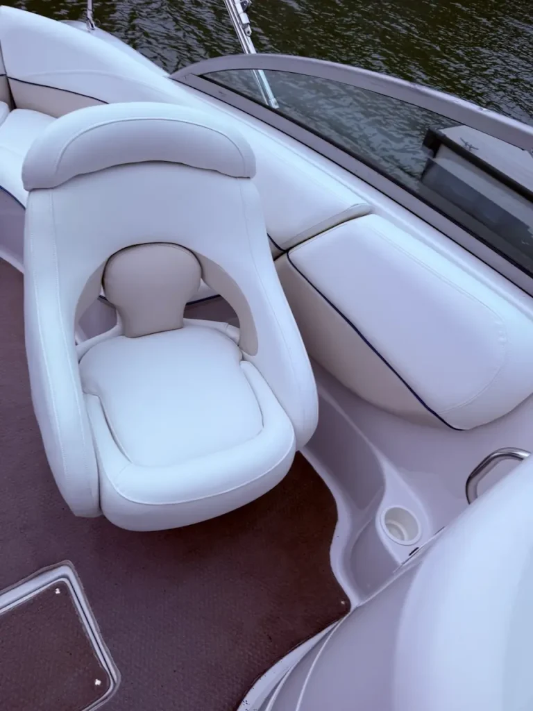 Restored white marine vinyl boat captain’s chair in Cornelius on Lake Norman
